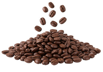 Naklejka premium Pile of roasted coffee beans with a few beans falling from above, isolated on white background