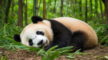 Naklejka premium Cute Giant Panda Relaxing in Green Bamboo Forest Setting