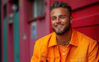 Fototapeta premium A man in an orange jacket is smiling and looking at the camera