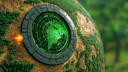 Green Globe with Radar Display Over Natural Landscape Background