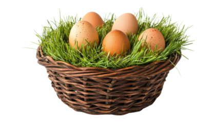 Five fresh eggs nestling in a wicker basket with green grass on a transparent background