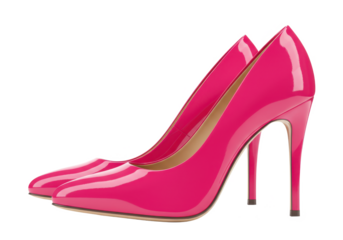 Pair of pink high-heeled shoes with a glossy finish isolated on white background
