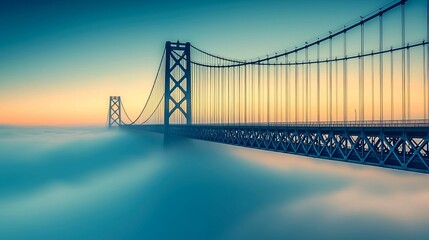 Fototapeta premium Majestic Suspension Bridge Over Foggy Landscape: A Serene Sunset View