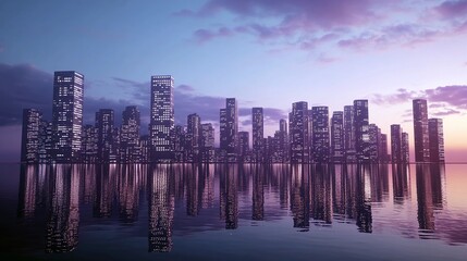 Fototapeta premium Modern cityscape reflections at dusk urban environment digital art tranquil waters aesthetic viewpoint