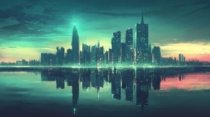 Obraz premium Futuristic cityscape urban skyline digital art evening glow reflection metropolis concept