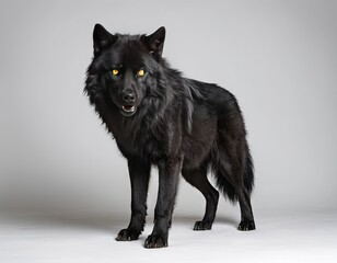 Naklejka premium Wild black wolf with black fluffy fur in dynamic pose on isolated white background.