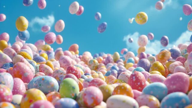 A jubilant white bunny jumping amidst a vibrant cascade of colorful Easter eggs against a bright blue sky.