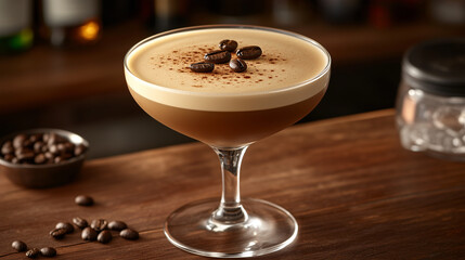 Coffee Cocktail with Layered Mood Representing a Blurred Bar Area Background
