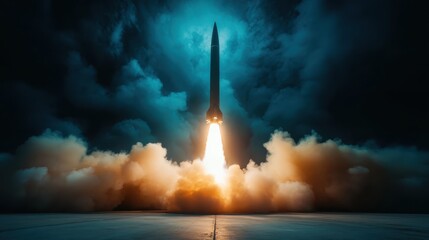A stunning image of a rocket soaring through fluffy clouds with bright flames, highlighting the dramatic moment of lift-off and the thrill of space exploration.