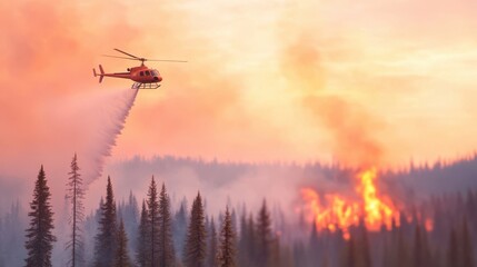 Naklejka premium Helicopter dropping water over forest fire during wildfire suppression