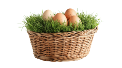 Wicker basket overflowing with fresh eggs nestled in green grass on transparent background
