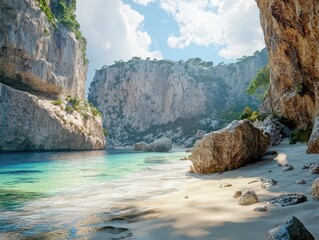 Secluded beach with towering cliffs and turquoise water under a sunny sky