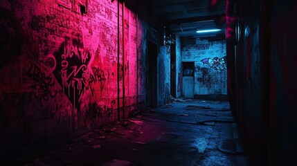 Urban exploration graffiti-filled corridor abandoned building photography dark environment low angle street art aesthetic