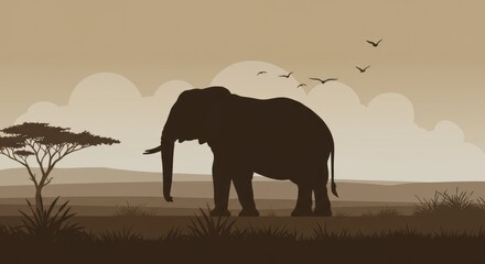 Naklejka premium Silhouette of an elephant against a warm-toned landscape with birds flying