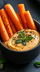 Fresh carrot sticks with hummus dip on the side, soft natural light in minimalist food photography
