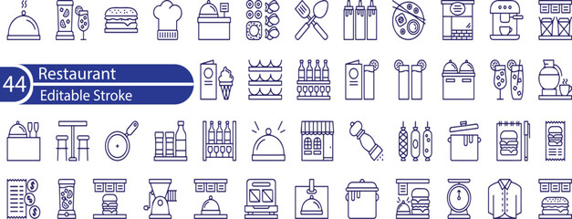 Restaurant Line Editable Icons set. Vector illustration in modern thin line style of public catering related icons. menu categories, table reservations, food and drinks, and more.
