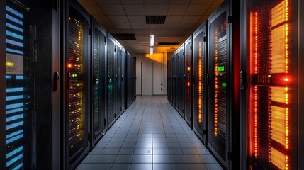 Fototapeta premium Dark server room glows warmly with internal lights rows of powerful machines hum quietly. AI Generated