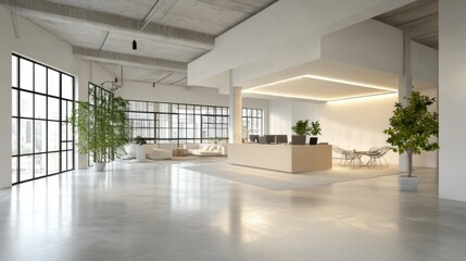 Obraz premium Modern minimalist office interior with natural light and greenery