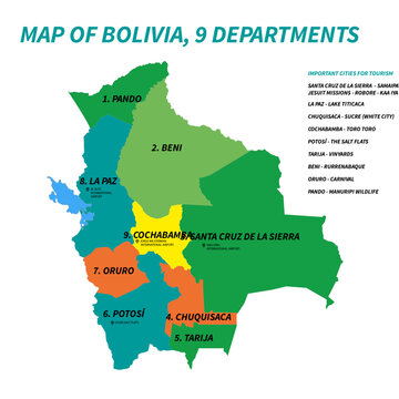 Maps of Bolivia, tourism, 9 departments, Santa Cruz, La Paz, Tarija, Potos&iacute;, Cochabamba