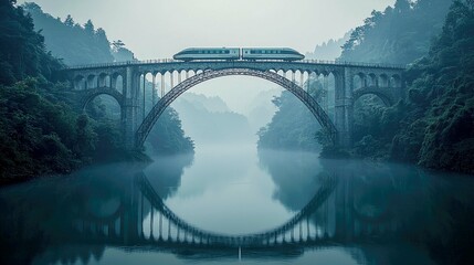 Fototapeta premium Misty Morning: Train Crossing an Arch Bridge over a Serene River in a Picturesque Mountain Landscape