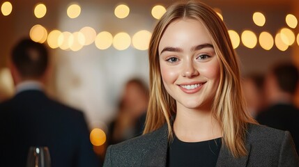 Networking event idea. Smiling woman in a formal setting with warm lights in the background.
