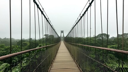 Obraz premium Misty Forest Bridge: A Serene Suspension Bridge Journey Through Lush Greenery. Explore the Tranquil Path, a Peaceful Escape into Untamed Nature.