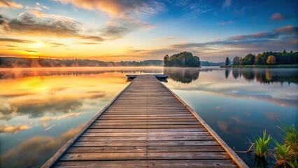 Obraz premium Wooden pier over calm lake at sunrise, tranquil scene, calm water, tranquil scene