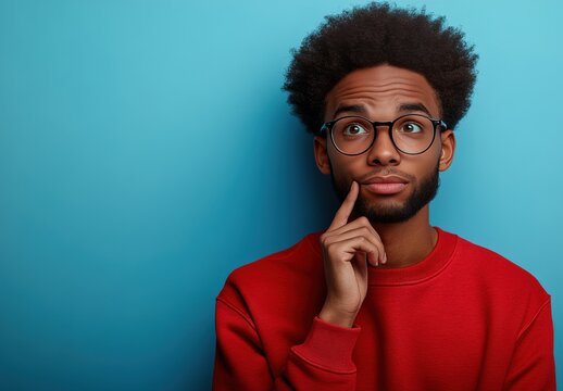 He is wearing a red sweater and he is deep in thought