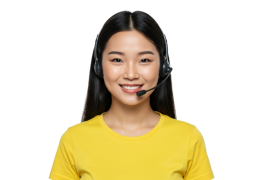 Smiling female call center agent wearing a headset and a yellow shirt isolated on white background