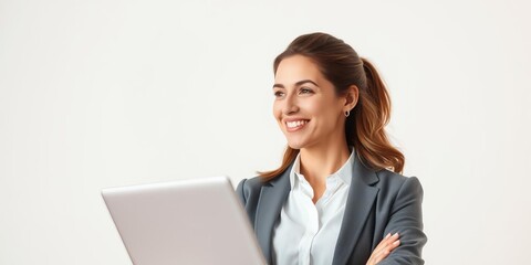 Young businesswoman in a stylish suit smiling with delight and satisfaction at her successful presentation, corporate, emotion