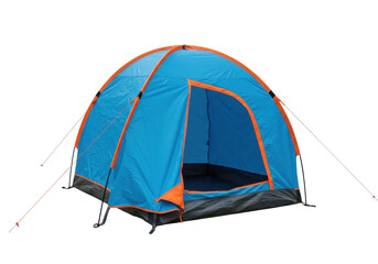 A blue camping tent with orange accents, showcasing an open entrance, isolated on a white background