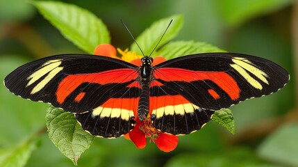 A striking butterfly with red and black wings rests on a bright orange flower, showcasing its colors in a lush tropical garden filled with greenery