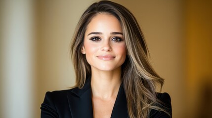 Fototapeta premium Beautiful woman with stunning hair and captivating eyes indoors during an elegant event, showcasing a confident expression and stylish outfit