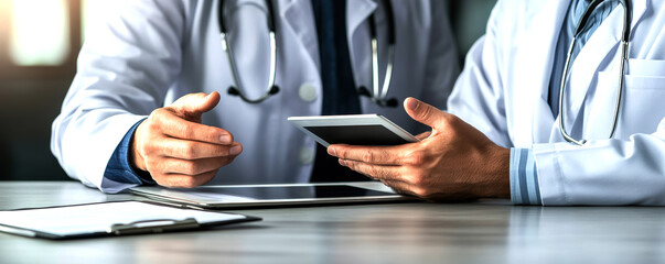 Two medical professionals engage in a discussion while utilizing digital devices for patient management, showcasing the integration of technology in healthcare collaboration and decision-making.