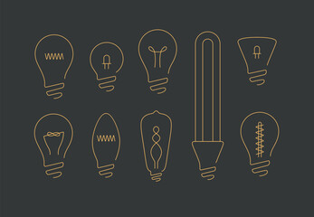 Lamp icons set drawing in flat line style on black background.