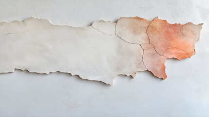 A piece of damaged plaster with sharp edges on a pale grey wall.