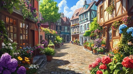 Fototapeta premium A Charming European Village Street, Overflowing with Flowers on a Sunny Day