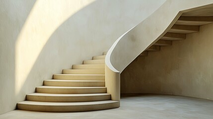 Naklejka premium Modern Minimalist Architecture: A Study in Light and Shadow on a Curved Staircase. The interplay of light and shadow creates a sense of calm and serenity in this contemporary interior design.