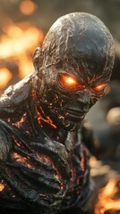 Cinder stands amid the fiery landscape, showcasing its fierce glare and molten features in a captivating cinematic frame filled with dramatic lighting and shadows