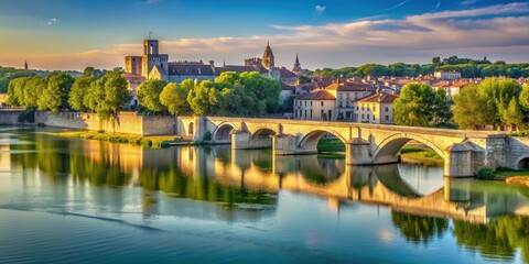 Fototapeta premium Ancient stone quays and ornate bridges along the Rh?ne River in Arles, surrounded by lush greenery and warm Mediterranean light