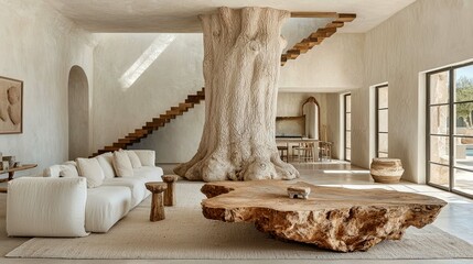 Modern Minimalist Home Interior Design with a Tree as a Central Feature.  Luxury Living Room Decor, Wooden Furniture, Elegant Space