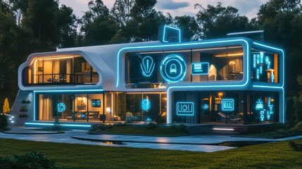 Futuristic eco home with smart windows that automatically adjust, solar-powered features, and glowing icons for lighting and security settings