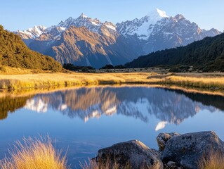 Obraz premium Tranquil mountain reflections in serene alpine lake landscape