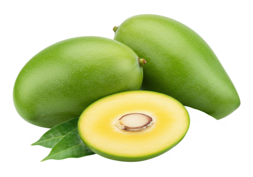 two whole green mangoes with a sliced piece and green leaves isolated on white background