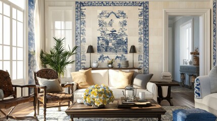 Elegant Living Room with Blue and White Decor and Cozy Atmosphere