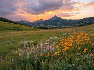 Obraz premium Vibrant mountain sunset with wildflowers in bloom