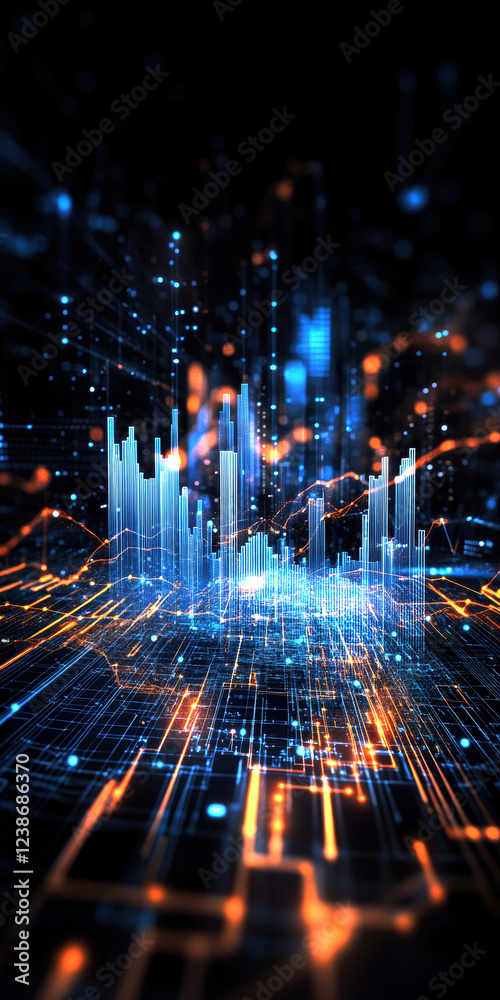 Poster a stunning digital visualization featuring dynamic data graphs and glowing lines, representing the i