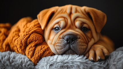 Obraz premium Adorable bulldog puppy resting on a cozy blanket.