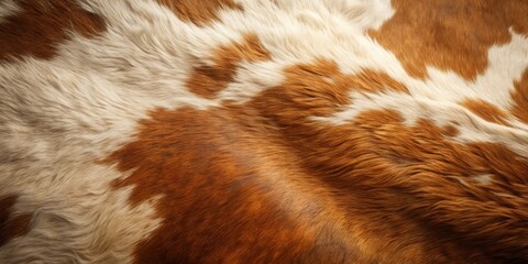 Close-up view of a cowhide with patches of rich brown and off-white fur, showing texture and natural pattern