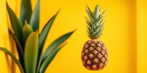 sunbaked pineapple rests on vibrant yellow android phone creating eye-catching contrast, tropical element, modern device, copy space, modern, summer